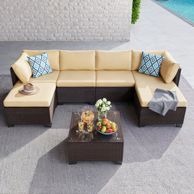 7-Piece Outdoor PE Rattan Modular Sectional Sofa Set With Soft Cushions & Coffee Table - Free Combination Patio Furniture For Garden/Patio
