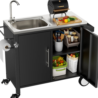 304 Stainless Steel Outdoor Sink Station For Grill, 38" Long, 18" Wide, 35" High, Featuring A Spice Rack And Push Handles Grill Cart Station, X 35", Multi - Purpose Design, Made Of Steel, With Single