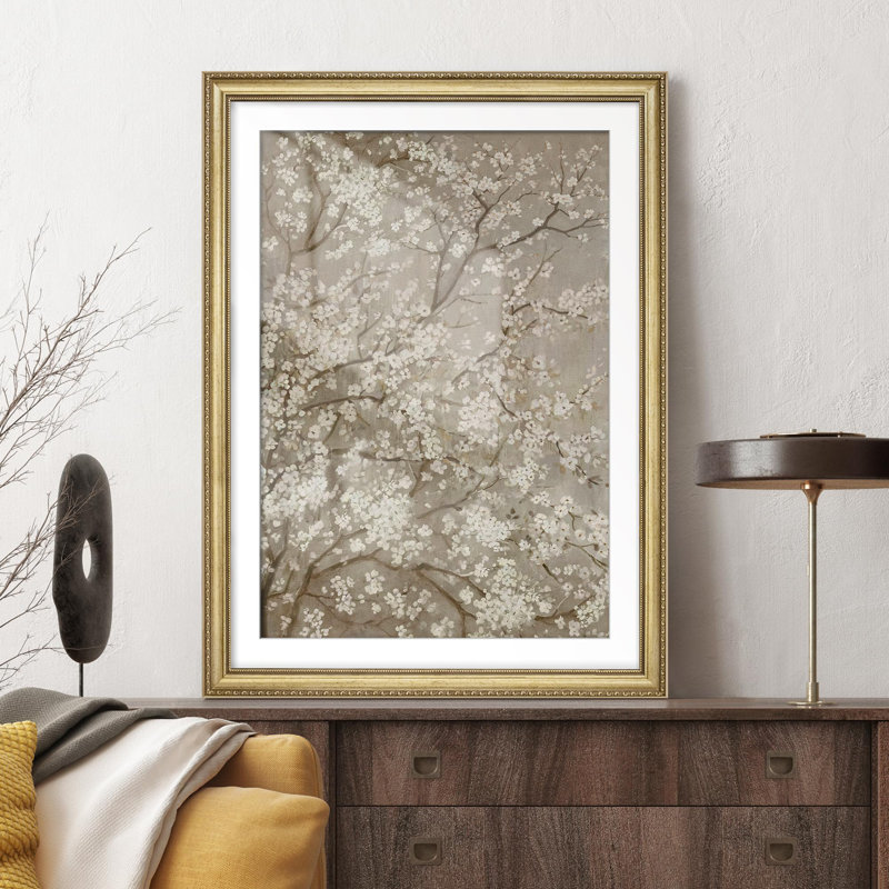 Fleurs de cerisier branches élégantes illustrations florales impressionnisme or encadré décoration murale, Oui