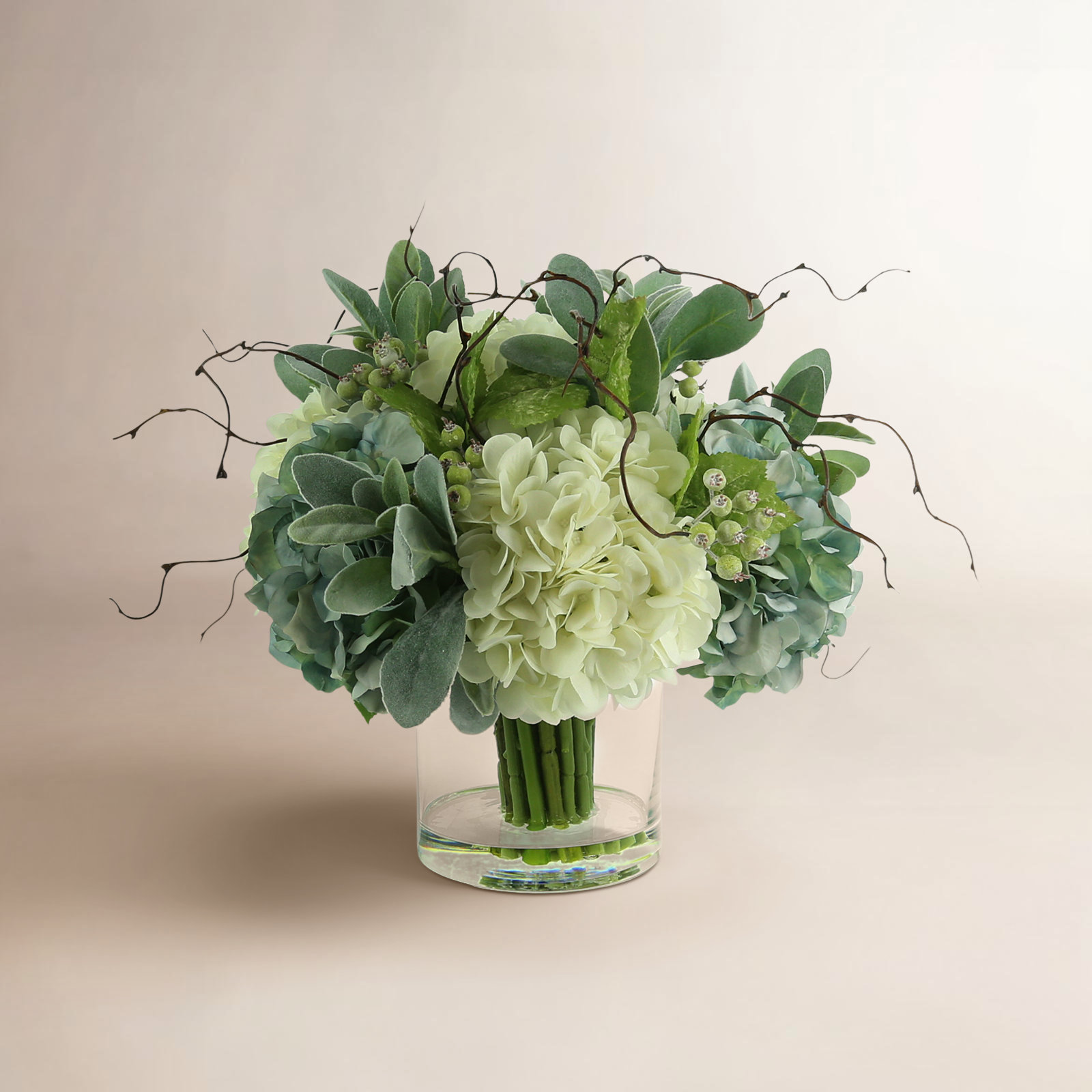 Floral Arrangement with Hydrangeas, Lamb's Ear, and Curly Willow