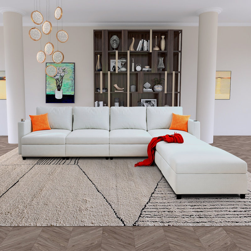 Canapé modulaire moderne en U avec repose-pieds et porte-gobelets, Polyester blanc antique