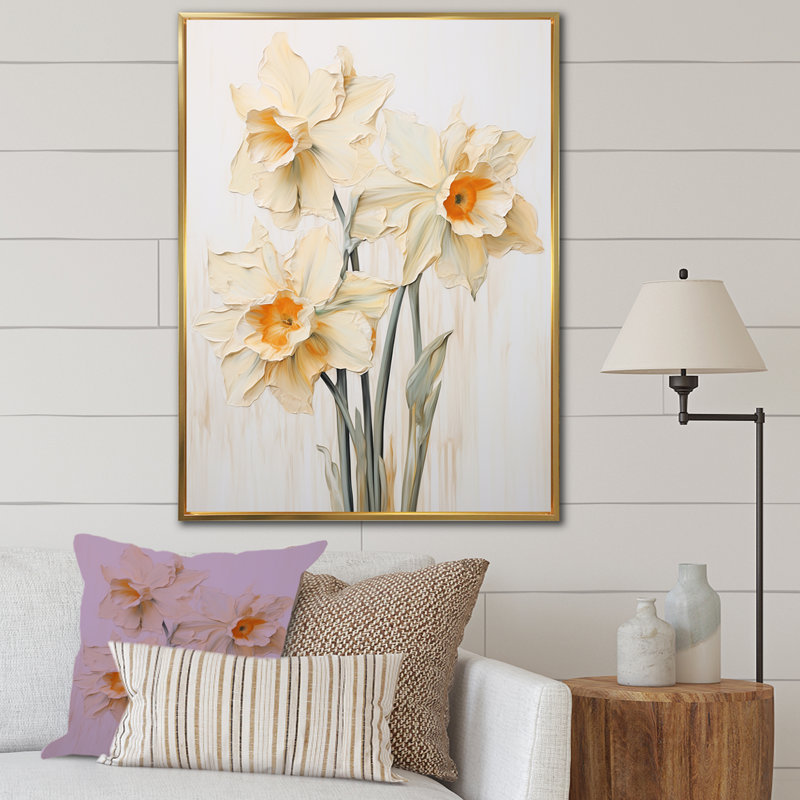 Minimalisme - jonquilles beige - jonquilles, H 20 po x l 12 po x P 1 po, Cadre flottant doré