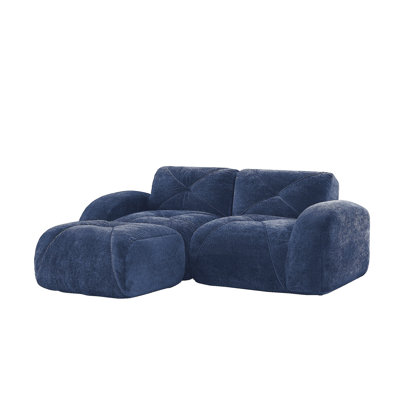 L-shaped Boneless Sofa,Soft Velvet Fabric,Tufted Design,32D High Density Sponge,No Assembly Required,Ergonomic Design Bottom, Anti-Slip Design,Movable Ottoman For Bedrooms,Blue