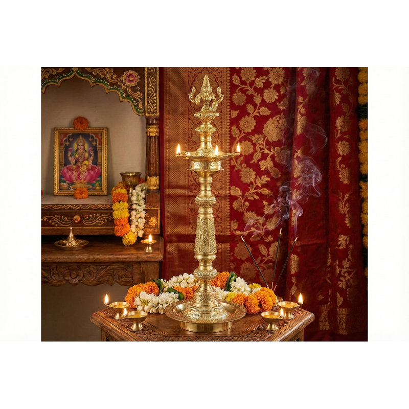 Handcrafted Solid Brass Goddess Lakshmi Oil Lamp | Traditional Indian Diya Statue for Puja & Home Décor