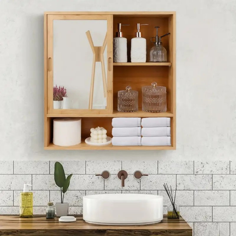 Bamboo Bathroom Cabinet With Mirror, Wall Mounted, Vanity Storage, Over Toilet, 2 Sliding Doors