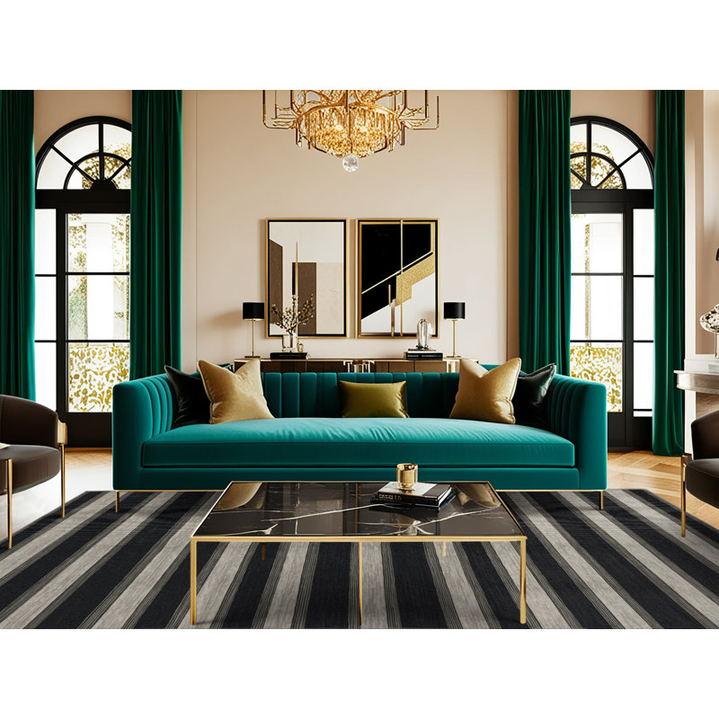 Washable Ebony Light Gray Striped Area Rug, Rectangle 2' x 3'