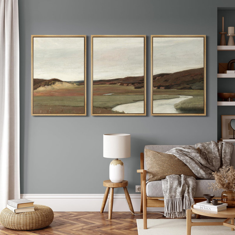 Rural Landscape " Subtle Earth Tones, Countryside Scenery Nature Wilderness Illustration Decor Panoramic Earth " 3 - Pieces