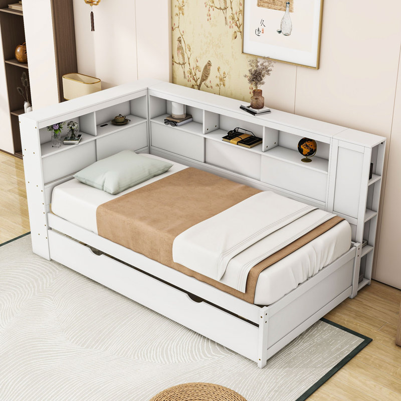 Lit de jour simple en bois avec couchette simple, tablettes de rangement et chargement USB, Blanc