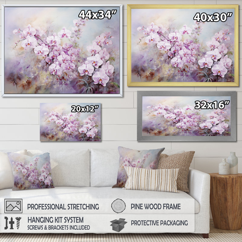 «Pink Orchids Watercolor Charm I - Flowers», art mural, H 16 po x l 32 po x P 1 po, Cadre flottant doré