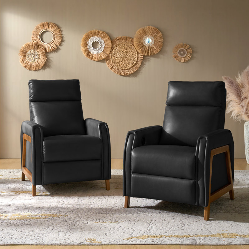 Ean 29" Genuine Leather Power Recliner with Charging Ports(Set of 2), Black
