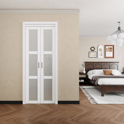 3  Lite Forested Glass White French-Pivot Pantry Closet Door With Hardware (Include Handles)