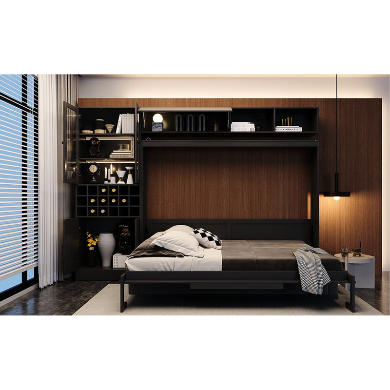 Grand lit mural avec tablettes, gris, multifonctionnel et peu encombrant, dans des appartements convenables
