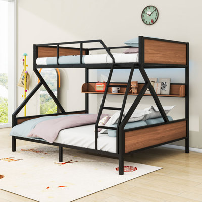 Metal Bunk Bed with Guardrails, Shelves, and Modern LED Lighting