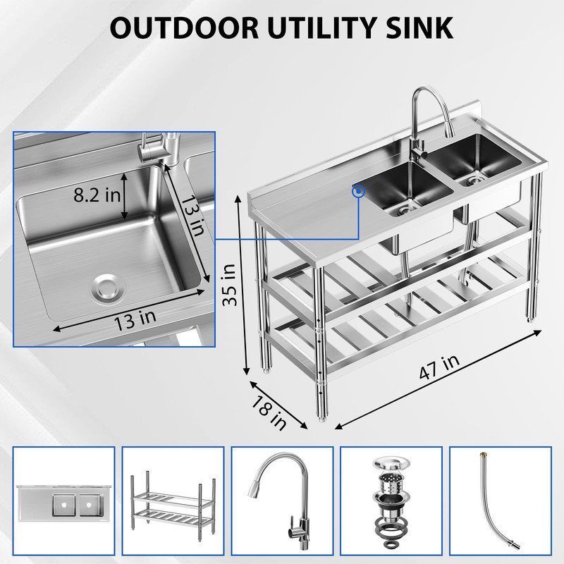 Évier utilitaire de 47 pouces en acier inoxydable - Évier de cuisine commercial à 2 compartiments avec robinet escamotable, station de lavabo extérieure autoportante avec établi et tablettes de rangement pour le garage, la salle de lavage et le patio