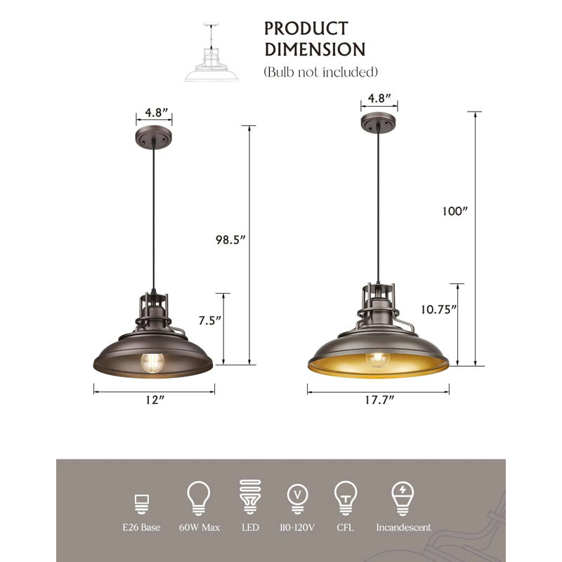 2 Pack 1-Light Industrial Single Pendant Light, 98.5" H x 12" W x 12" D