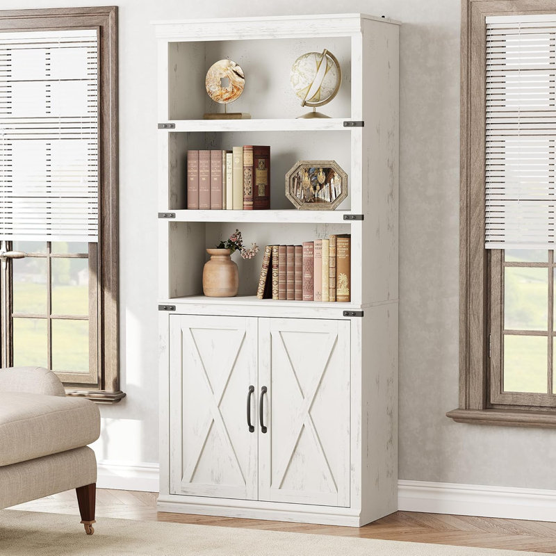 Duanna 5 Tier Bookcase with Cabinet, Farmhouse BookShelf with Storage Doors, for Home Office, Living Room, White