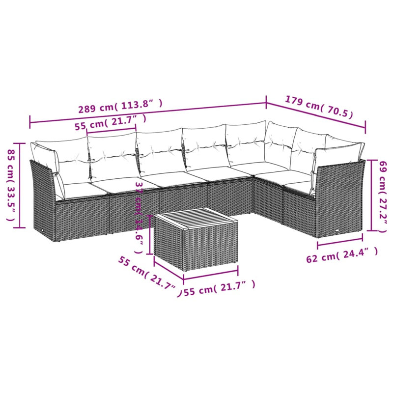 Ensemble de canapé de patio 8 pièces avec coussins pour l'extérieur, Coussin bleu / cadre noir