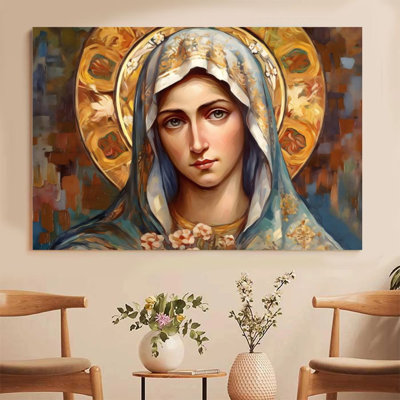 1Pc Framed Canvas Poster Print Virgin Mary, with golden halo and floral decorations, religious art style Wall Art, Wall Decor, Perfect for Room Decor Living Room Bedroom Office Kitchen Bathroom Home Decor, Rustic & Modern Ideal Home Wall Decoration