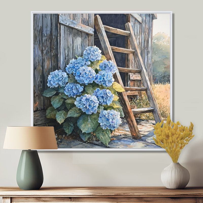 Hortensias par l'échelle de la grange - Art mural floral, H 30 po x l 30 po, Impression encadrée flottante, Blanc