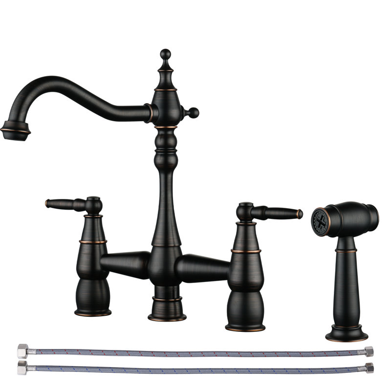 Double Handle Bridge Kitchen Faucet With Faucet-side Sprayer In Oil Rubbed Bronze, Oil Rubbed Bronze