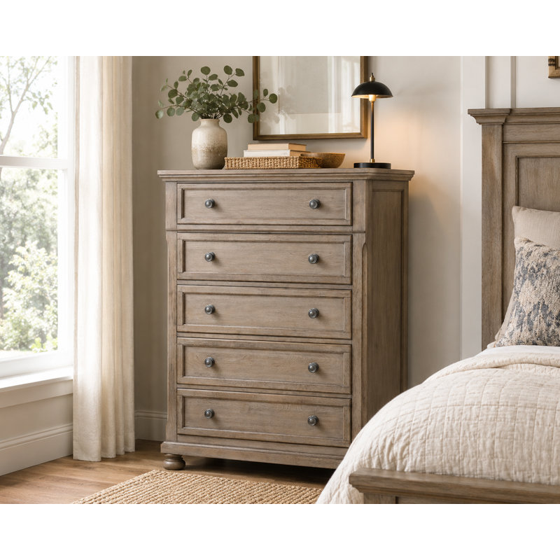 Alek 39" W Transitional 5-Drawer Wood Chest with Dovetail Drawers, Wire/Brushed Gray