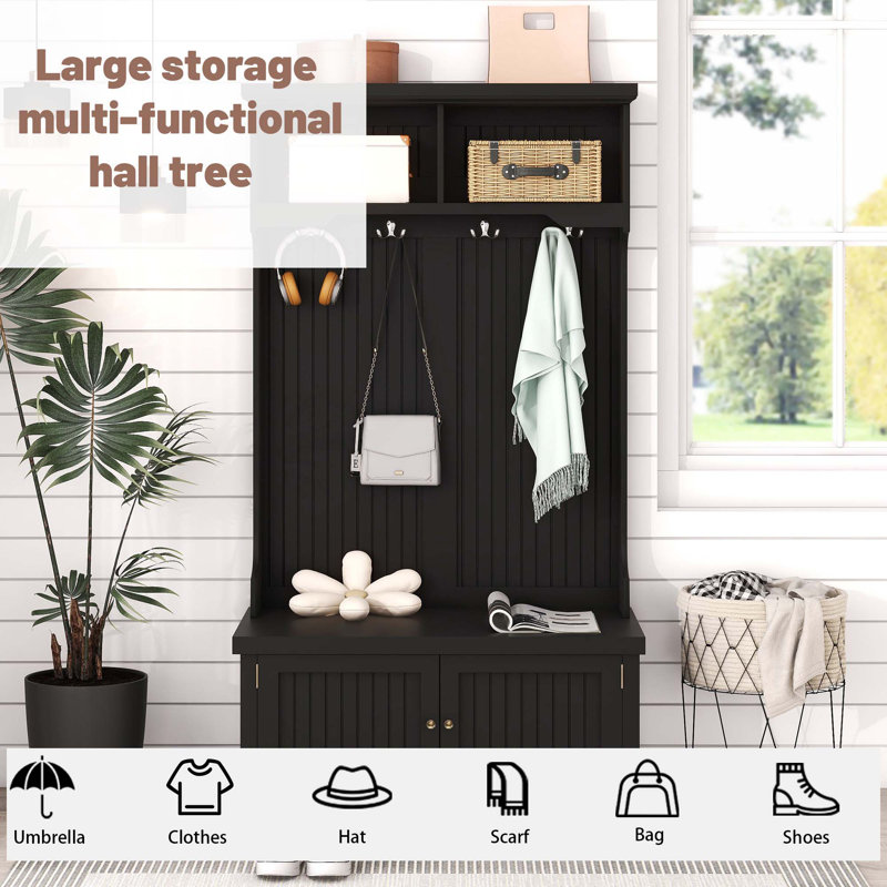 Hall Tree With Storage Shoe Bench For Entryway And Hallway, 4-In-1 Design Coat Racks With 4 Hooks For Living Room, Black