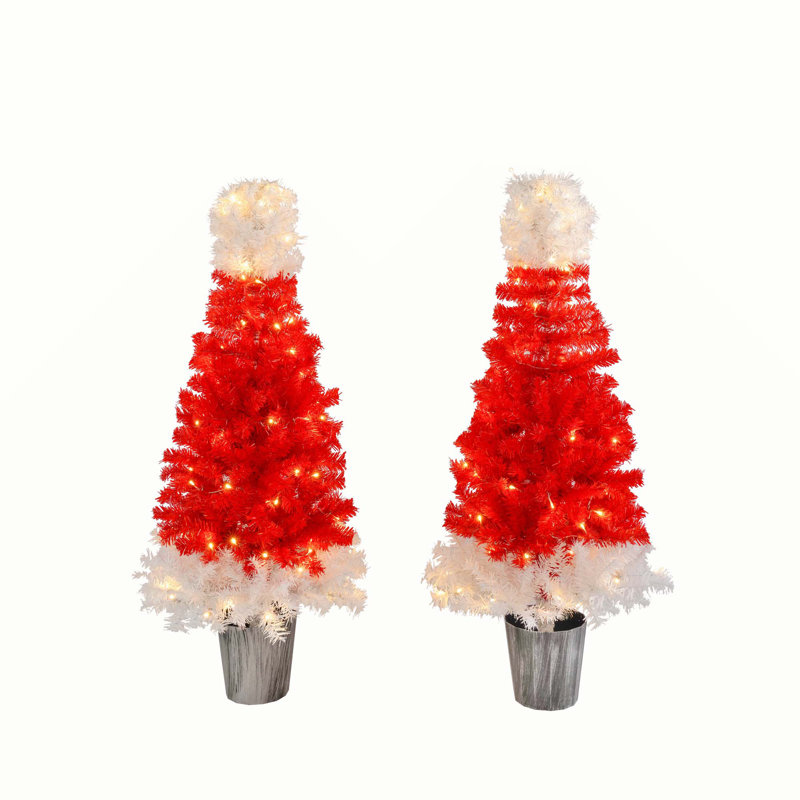 Lighted  Santa Hat Style Christmas Tree Set Of 2, 4Ft Artificial Tree With Warm White Lights, Christmas Tree For Decoration Inside And Outside