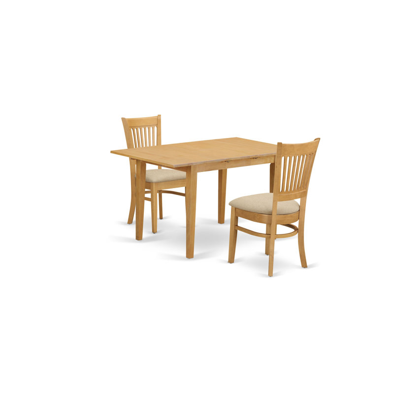 3 Piece Kitchen Table & Chairs Set Contains a Rectangle Dining Table with Butterfly Leaf and 2 Linen Fabric Dining Room Chairs, Oak