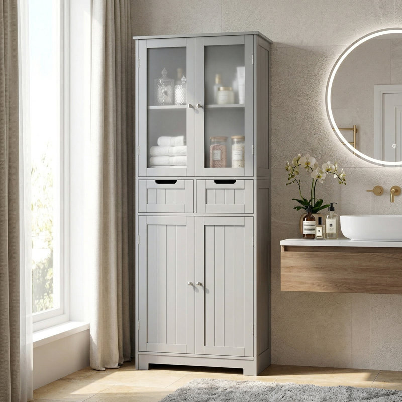 Hunsberger 23.6'' W x 67'' H x 11.4'' D Linen Cabinet with 2 Drawers, Gray