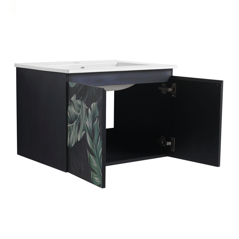 Meuble-lavabo mural 24 po avec lavabo en céramique et porte d'armoire à fermeture en douceur, ensemble KD