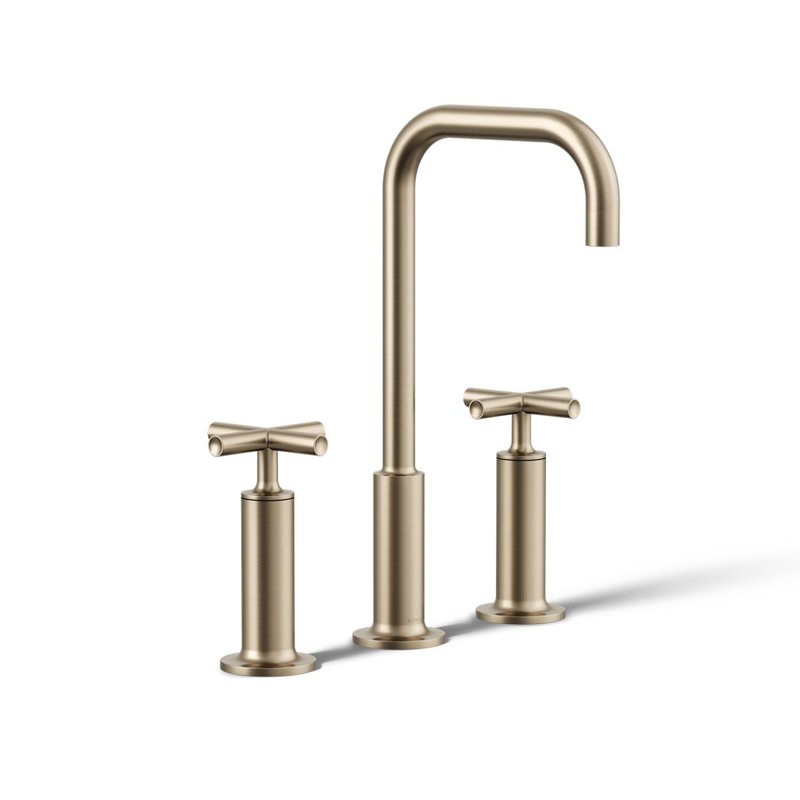 Purist Widespread Bathroom Sink Faucet with High Cross Handles and High Gooseneck Spout, Vibrant Moderne Polished Gold