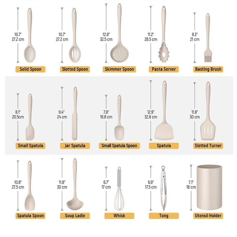 Ensemble de 15 ustensiles de cuisine en silicone de couleur kaki.