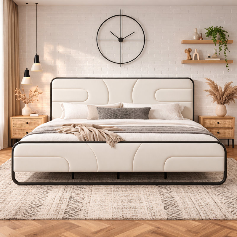 Nelsie Upholstered Platform Bed with Velvet Tufted Headboard,White Fabric,Black Frame, King, White