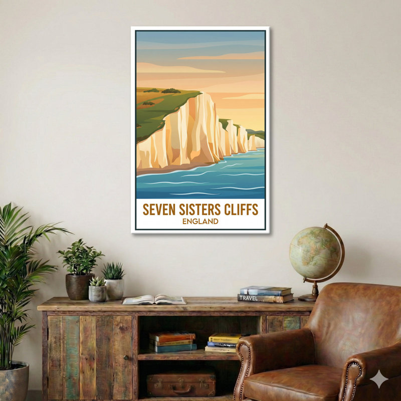 Seven Sisters Cliffs, England - Romantic Coastal Travel Poster Of The South Downs. Giclee Print On Wrapped Canvas. Wall Art, Home Decor - Natural Landmarks, England - Wrapped Canvas Print