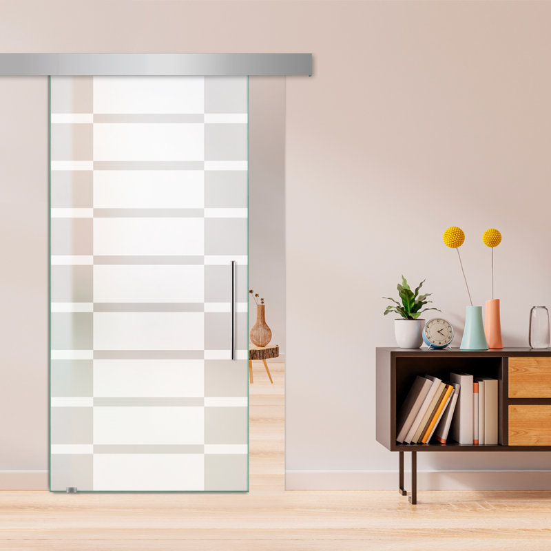 Porte de grange coulissante en verre sans cadre avec design moderne givré + ensemble de quincaillerie (double-privé), Givré