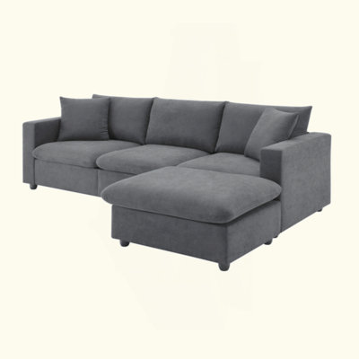 Modern Sectional Sofa With Throw Pillows,Cloud L-Shaped Couch Set With Wide Seat,4 Seat Polyester Comfy Fabric Couch Set With Movable Ottoman For Livi