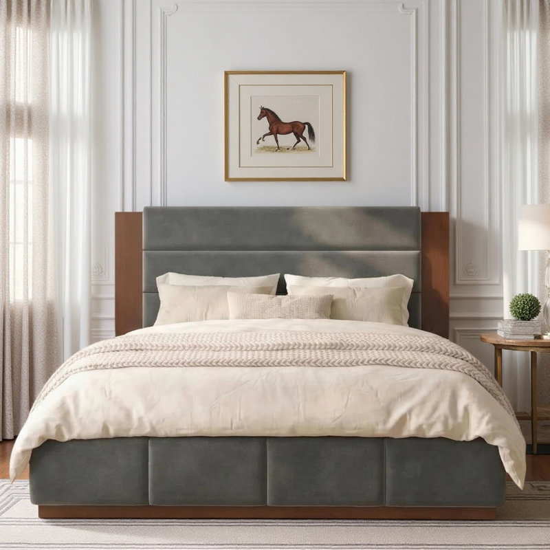 Lit plateforme tapissier moderne avec tête de lit haute et base en bois, sans sommier tapissier, Gris, Queen