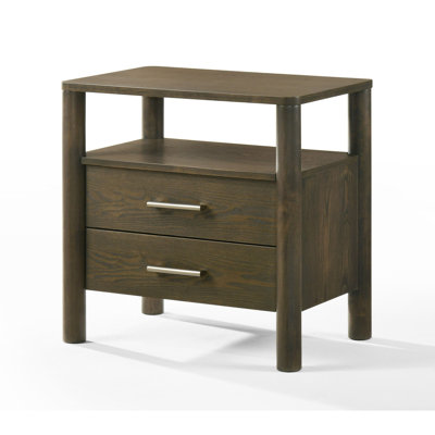 Table de chevet Cid Caro, 2 tiroirs, 1 tablette, bois d'hévéa brun wengé, 24 po