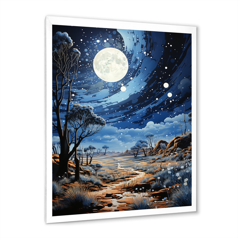 «Cress» bleu marine beige clair de lune pointillisme - reproduction sur toile, H 32 po x l 16 po x P 1 po, Cadre photo blanc