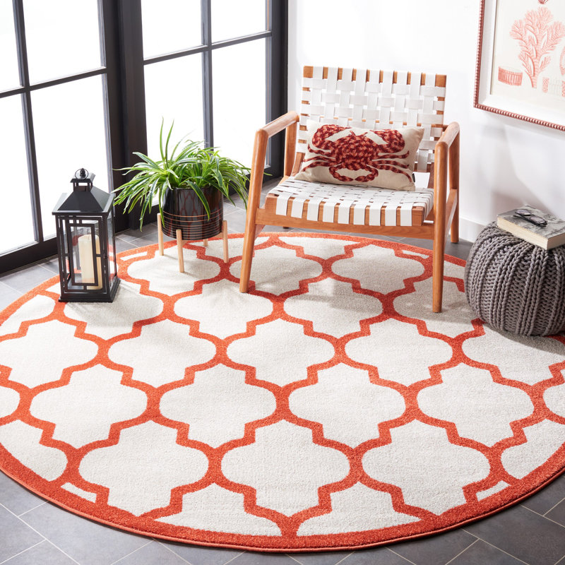 Tapis intérieur / extérieur beige / orange à motif géométrique Ammundsen, Rond 7 pi