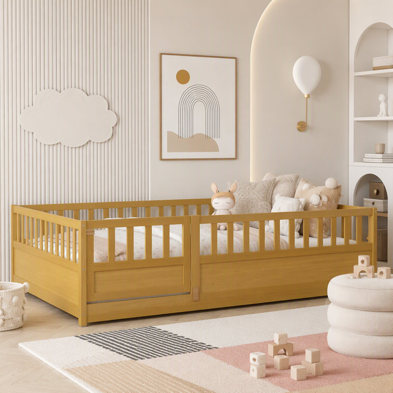Lit de plancher, structure de lit plateforme en bois à profil bas, aucun sommier tapissier requis, Lit double