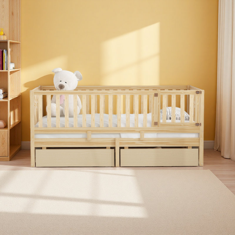 Wood Daybed With Fence Guardrails And 2 Drawers, Split Into Independent Floor Bed & Daybed,, Natural, Twin