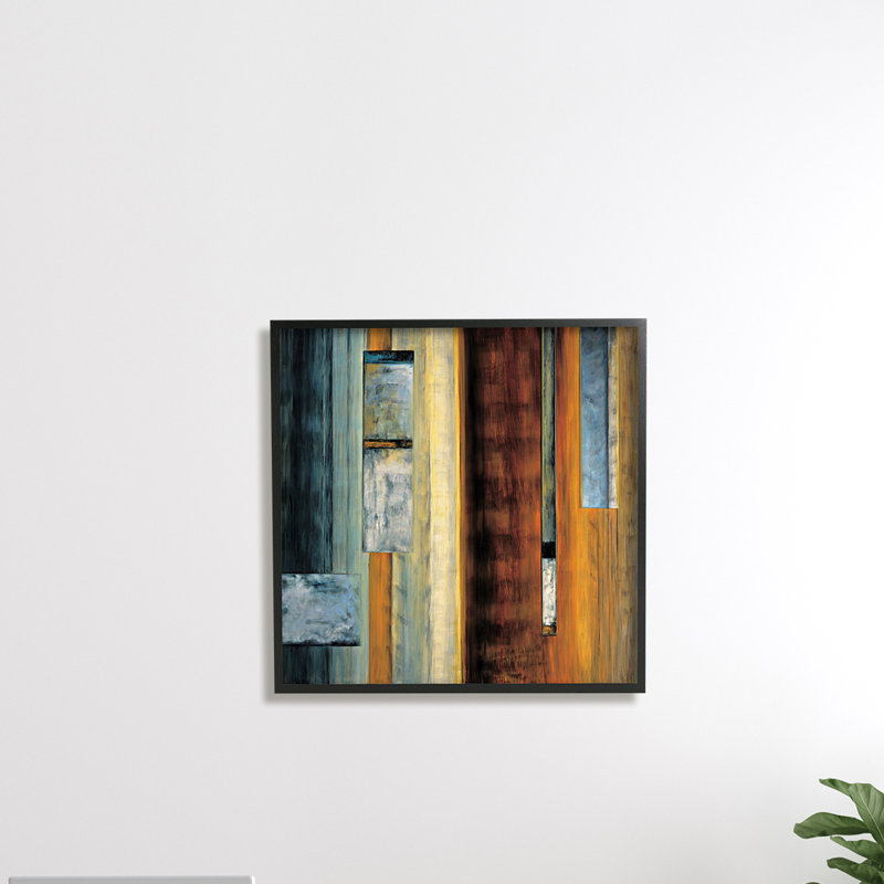 «Rustic Abstraction», brun, orange, bleu, impression, H 24 po x l 24 po, Cadre noir