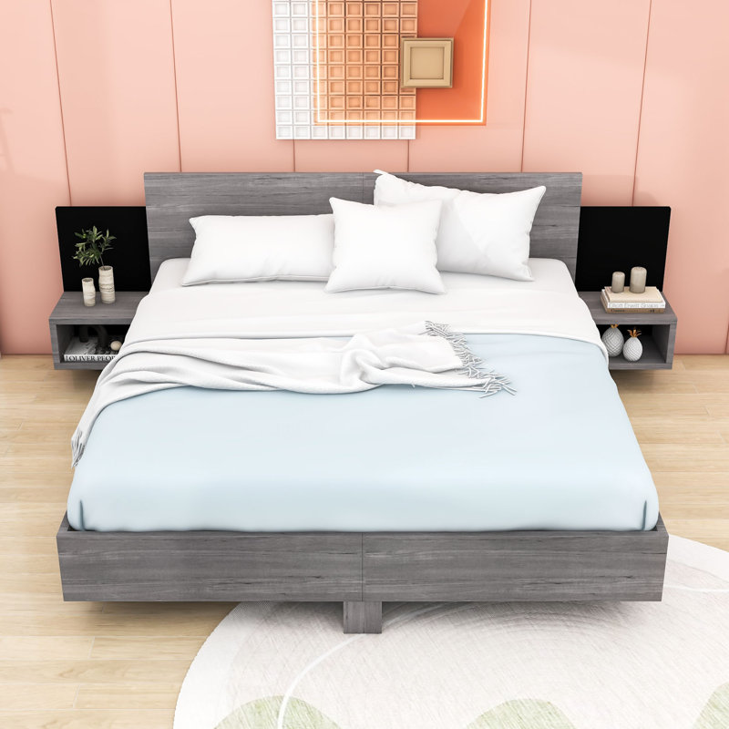 Platform Bed with LED Headboard and Built-in Nightstands, White, King