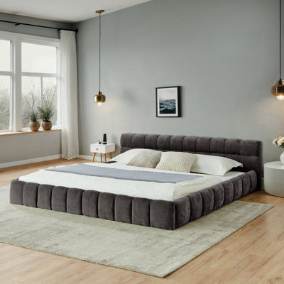 California King Upholstered Platform Bed with Headboard, Solid Frame, Thick Chenille Fabric - Dark Gray
