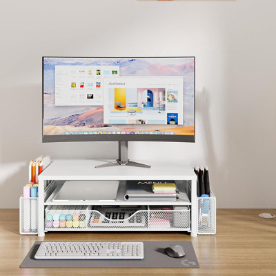 Support pour écran 2 niveaux avec tiroir et 2 porte-stylos, organisateur de bureau et support pour ordinateur portable (blanc)