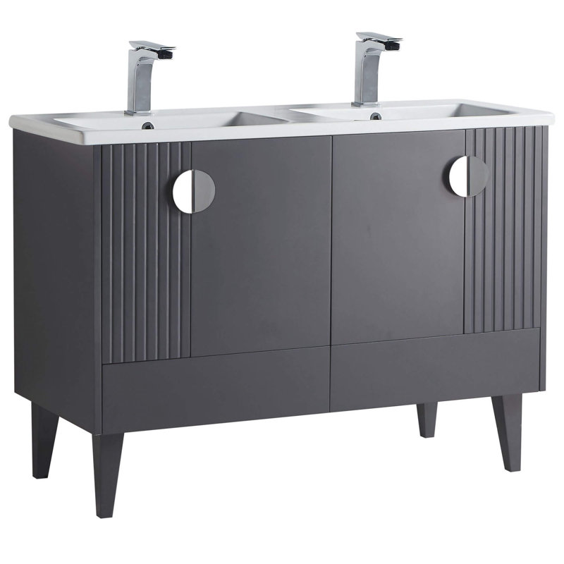 Ensemble de meuble-lavabo double 47 po Saimah, Gris roche, Chrome poli