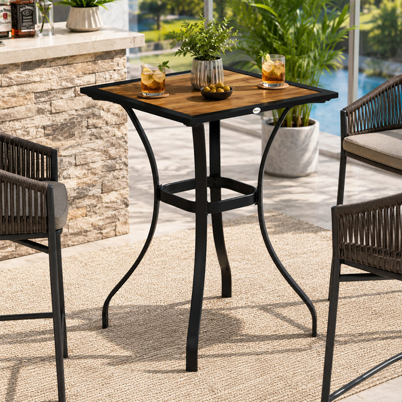 Table de bar 28 po pour l'extérieur avec structure en métal et effet grain de bois