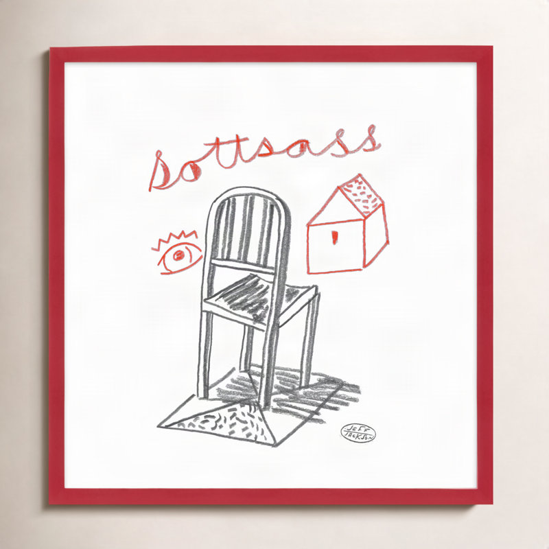 Chaises. Ensemble de 5 encadrés par Jeff Jackson, L 24 po x H 24 po, Papier avec cadre unique rouge
