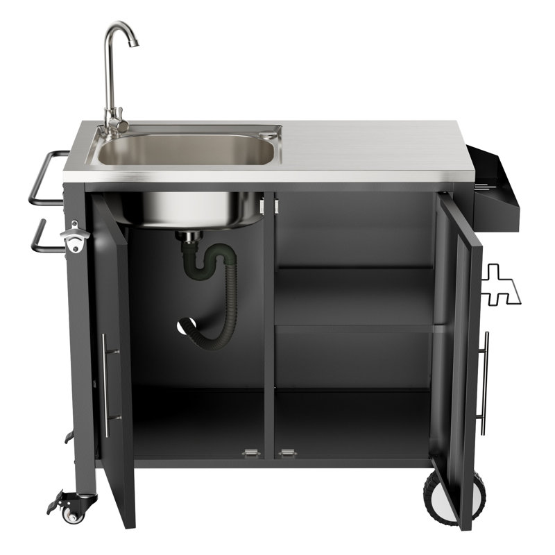Chariot de barbecue extérieur avec évier et armoire - Station de barbecue en acier inoxydable 304 avec roues verrouillables, support à épices et ouvre-bouteille pour patio
